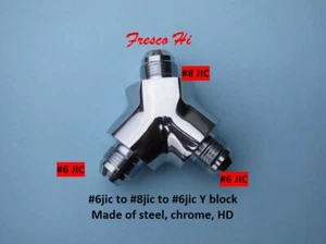 Lowrider Hydraulics Y block w #6 #8 #6 jic 3 port, steel, chrome, elegant, neat - Picture 1 of 7