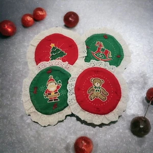 Lot of 4 Vintage Handmade Christmas Themed Coaster Doilies w/Lace Trim - Picture 1 of 8