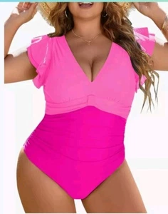 Blooming Jelly Womens Tummy Control V Neck Ruched Cute Pink 1 Piece Swimsuit L - Picture 1 of 7