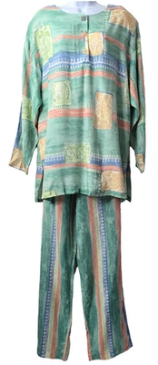 Vintage 80s Shirt Pants Outfit L Relaxed Pastel Geometric POCKETS Beach Florida - Image 1 of 4