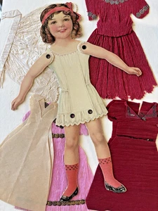 ANFANG 1900 AUTHENTISCHE GELENKIGE PAPERDOLL MIT 5 KREPP PAPIERKLEIDERN, 1 SLIP VICTORIA - Bild 1 von 4