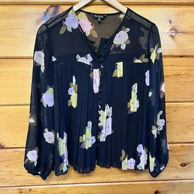 Massimo Dutti Black Floral Blouse Top Size 8 Italy Designer Couture Pleated - Image 1 of 4