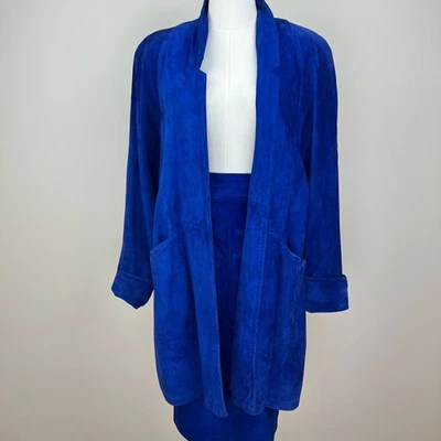 Conjunto de chaqueta y falda de cuero de gamuza azul real Danier vintage  Foto 1 de 4
