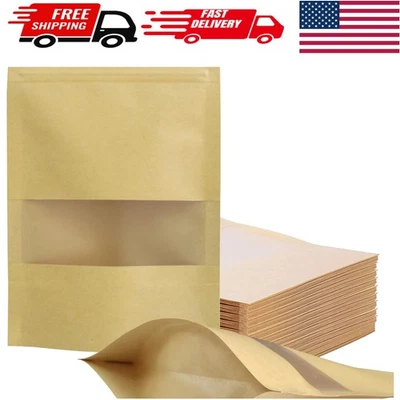 Elegante paquete de 100 bolsas de pie Kraft con cremallera y ventana de visibilidad mate Foto 1 de 4