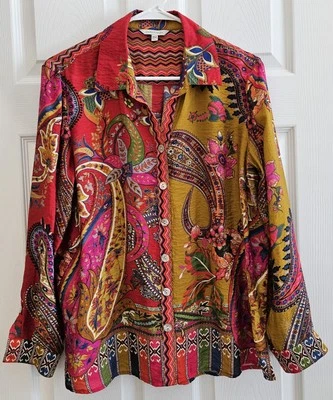 John Mark Medium Petite Blouse Jewel Tones Mixed Prints Designer - Image 1 of 4