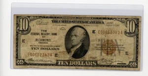1929 $10 FEDERAL RESERVE BANK OF RICHMOND, VA BROWN SEAL F/VF - Picture 1 of 2