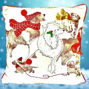 Pier 1 Christmas Pillow Cover PARK AVENUE PUPPIES Dogs Embroidered 17" Sq - Picture 1 of 9