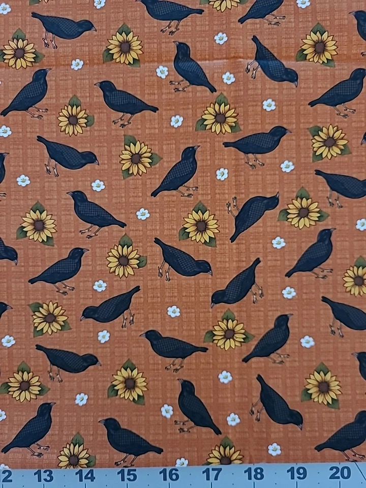 Otoño Otoño Cuervos Girasoles Sobre Tela de Algodón Bernatex Naranja Quemado 1 Yarda Foto 1 de 4