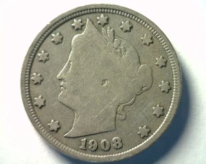 1908 LIBERTY NICKEL MUY BUENO+ EN MUY BUEN ESTADO+ BONITAS MONEDAS BOBS MONEDAS ENVÍO RÁPIDO 99c - Imagen 1 de 2