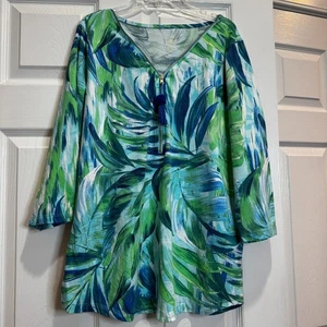 Belle By Kim Gravel Tunic Beach Tropical 1/2 Zip Pompom Pull Green Blue Size M - Picture 1 of 14