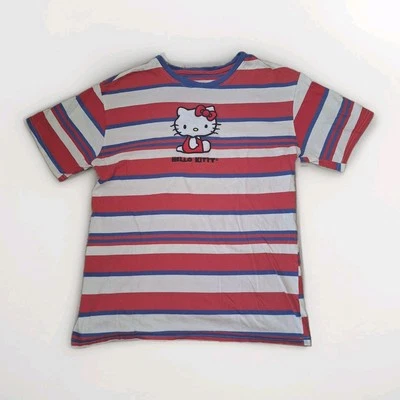 Hello Kitty Womens T-Shirt Med Striped Red White Blue Embroidered Sanrio 2022 - Image 1 of 4