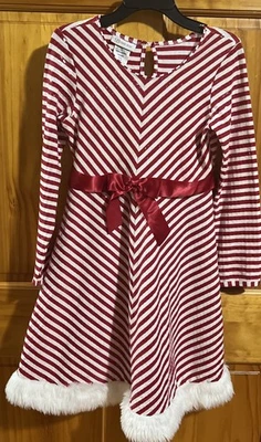 Bonnie Jean Girls Christmas Dress Size 12 Red & White Long Sleeve Faux Fur Trim - Image 1 of 4