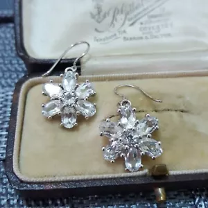 925 Sterling Silver Earrings, Flower Earrings, Genuine Clear Topaz Dangle - Picture 1 of 6