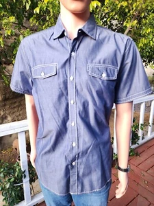 Michael Brandon Mens Button Down Shirt Blue Chambray Short Sleeve Pockets Size L - Picture 1 of 10