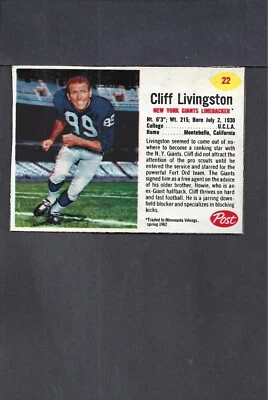 1962 POST CEREAL FOOTBALL #22 CLIFF LIVINGSTON-1--GIANTS--NO CREASES--EX/MT - Image 1 of 2