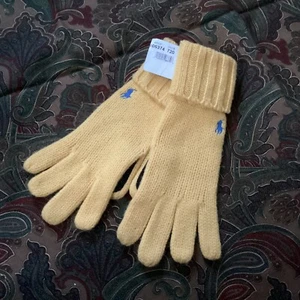 Ralph Lauren Polo Player Logo Golden Yellow Lambswool & Black Suede Knit Gloves - Picture 1 of 7