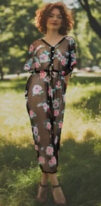 Haute Project Sheer Mesh Floral Dress Duster Button Tie Midi Black Size Large - Picture 1 of 7