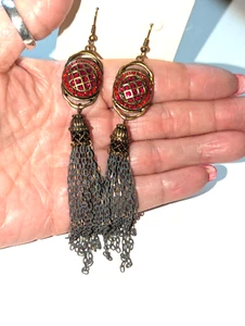 Nuevo Antiguo Stock Elegantes Pendientes Perforados Colgantes Cristal Rojo Tono Dorado - Imagen 1 de 7