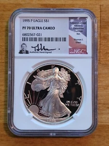1995 P $1 Silver Eagle NGC PF 70 ULTRA CAMEO Thomas J. Uram Signed Flag Label - Picture 1 of 2
