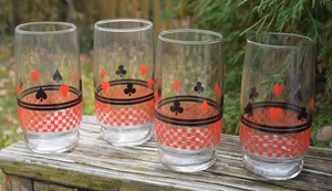 4 Vintage Glass Tumblers Playing Cards Theme Diamonds Spade Heart Club - Picture 1 of 2