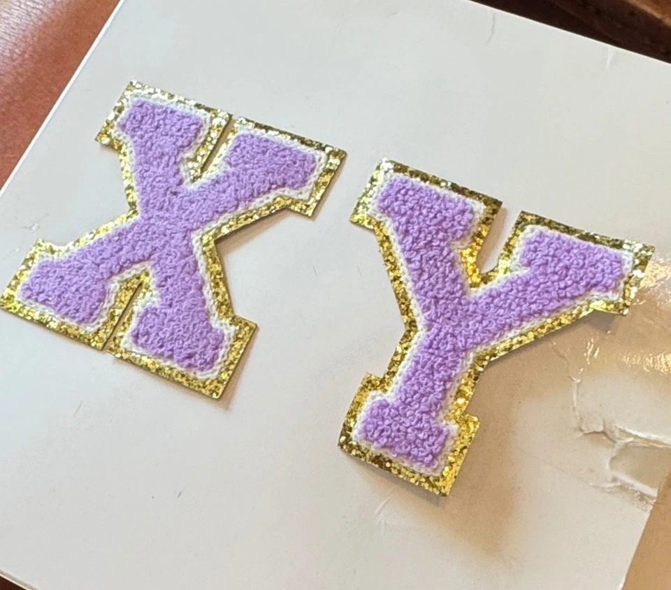 3 Inch Iron On Chenille letters, lavender with gold outline - Image 1 of 1