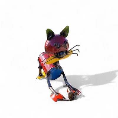 Handmade Metal Art Cat  Caching a Mouse Multicolor Small  # 1 Home Garden Decor - Image 1 of 4