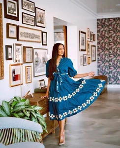 nb ROLLER RABBIT Valonia besticktes Kleid mittellang Puffärmel XXS - Bild 1 von 9