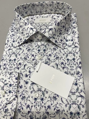 Eton Mens Contemporary Fit Cotton Floral Dress Shirt Size 47 18.5 White, Blue - Image 1 of 4
