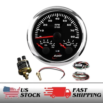 RACETECH 3-3/8" 85mm 3in1 Tachometer 8000RPM Oil Pressure Water Temp Gauge - Image 1 of 4