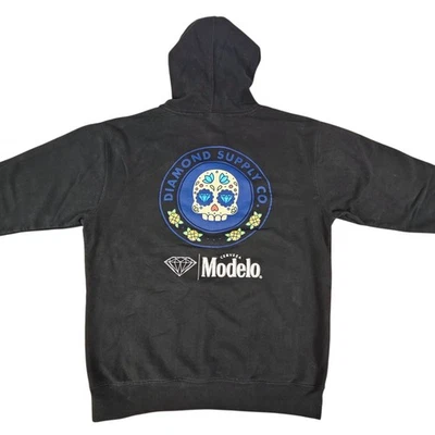 Moletom com capuz Diamond Supply Co x Modelo Beer tamanho G preto Sugar Skull RARO feito nos EUA - Imagem 1 de 4