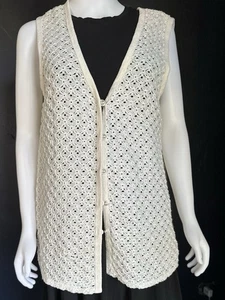 Vintage elfenbeinfarbene Häkelweste Damen Größe M/große Kunstperlenknöpfe Boho - Bild 1 von 4