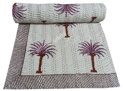 Indian Hand Block Quilt Tree Blanket Reversible Coverlet Bedspread Queen Kantha - Image 1 of 4