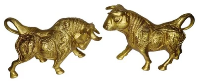 Lord Ganesha & Buddha Engraved Bull Pair Figure Handmade Brass Home Decor Statue - Image 1 of 4