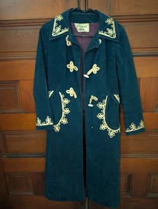 Vtg 1960s Blue Velvet Embroidered Trench Long Coat Mod Princess Shop Utica XS - Picture 1 of 7