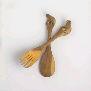 Carved Lion Salad Fork Spoon Servers Hand Carved African Inspired - Picture 1 of 8
