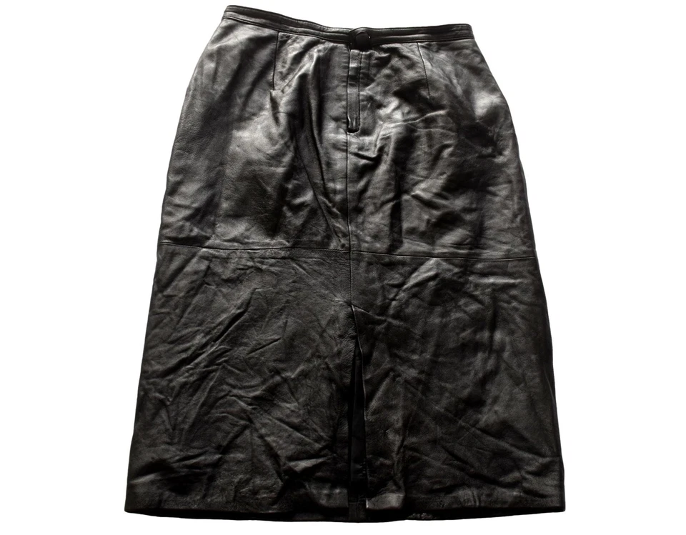 Vintage Leather Skirt Black 80s Lower Calf  Indie Retro Goth Emo 14 - image 1 of 1