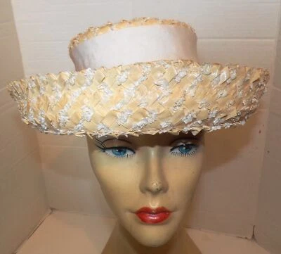 Vintage 60s White Cream Woven Straw Wide Brim Hat Lucila Mendez Medium - Image 1 of 4