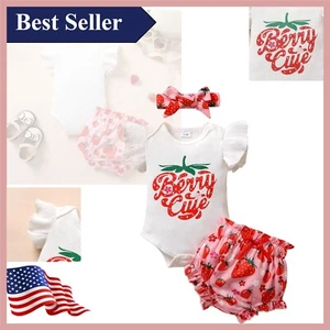 Cotton Blend Baby Girl Summer Outfit: Ruffle Romper, Flower Shorts, and Headband - Picture 1 of 10