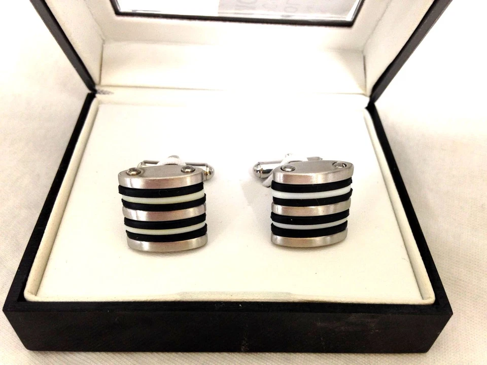 $75 Geoffrey Beene Para Hombres Gemelos a Rayas Plateadas Formal Vestido de Boda Puños de Muñeca Foto 1 de 1