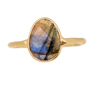 18k Gold Vermeil - Natural Labradorite - Madagascar 925 Silver Ring s.6 CR73463 - Picture 1 of 1