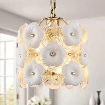 Gold Glass Pendant Light with White Ceramic Flowers, 1-Pack Luxury Small Ceiling - Image 1 of 4
