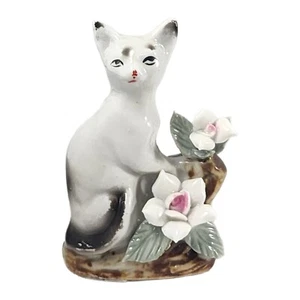 Vintage Cat Figurine Siamese White Black Miniature Ceramic Porcelain Mini Kitty - Picture 1 of 4