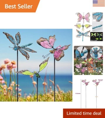 34” Glow-in-Dark Butterfly, Dragonfly & Hummingbird Garden Stake Set of 3 - Image 1 of 4