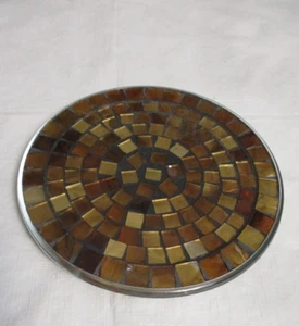Mosaic Footed Glass Candle Plate - Copper Color Tiles - 7.75" - Picture 1 of 6