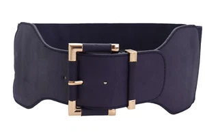 Women Neon Yellow Wide Faux Leather Statement Belt Gold Metal Circle Buckle S M - Picture 1 of 22