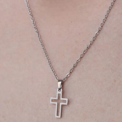 Collana Catenina Mini Ciondolo CROCE CAVA in Acciaio Argento Donna Ragazza - Immagine 1 di 3