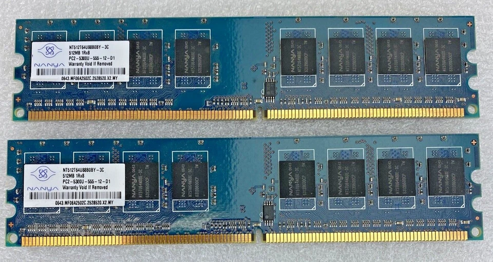 2x 512MB Nanya NT512T64U88B0BY-3C 1Rx8 PC2-5300U-555 667MHz DDR2 memory RAM  - Image 1 of 4