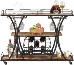 Freestanding Floor Wine Rack with Wine Glass Holder, 3 Tier Coffee Bar Cabinet f - Picture 1 of 6
