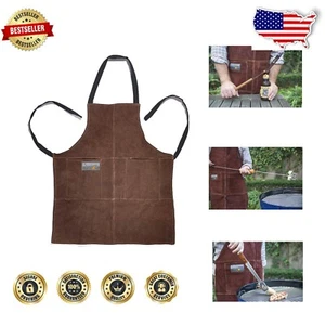 Durable BBQ Apron in Brown Leather - 27" x 30" with Secure Storage Pockets - Picture 1 of 10