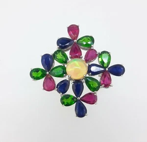SMASHING NATURAL RUBY SAPHIRE CHROME DIOPSIDE -STERLING 925 SILVER BROCHE - Imagen 1 de 3